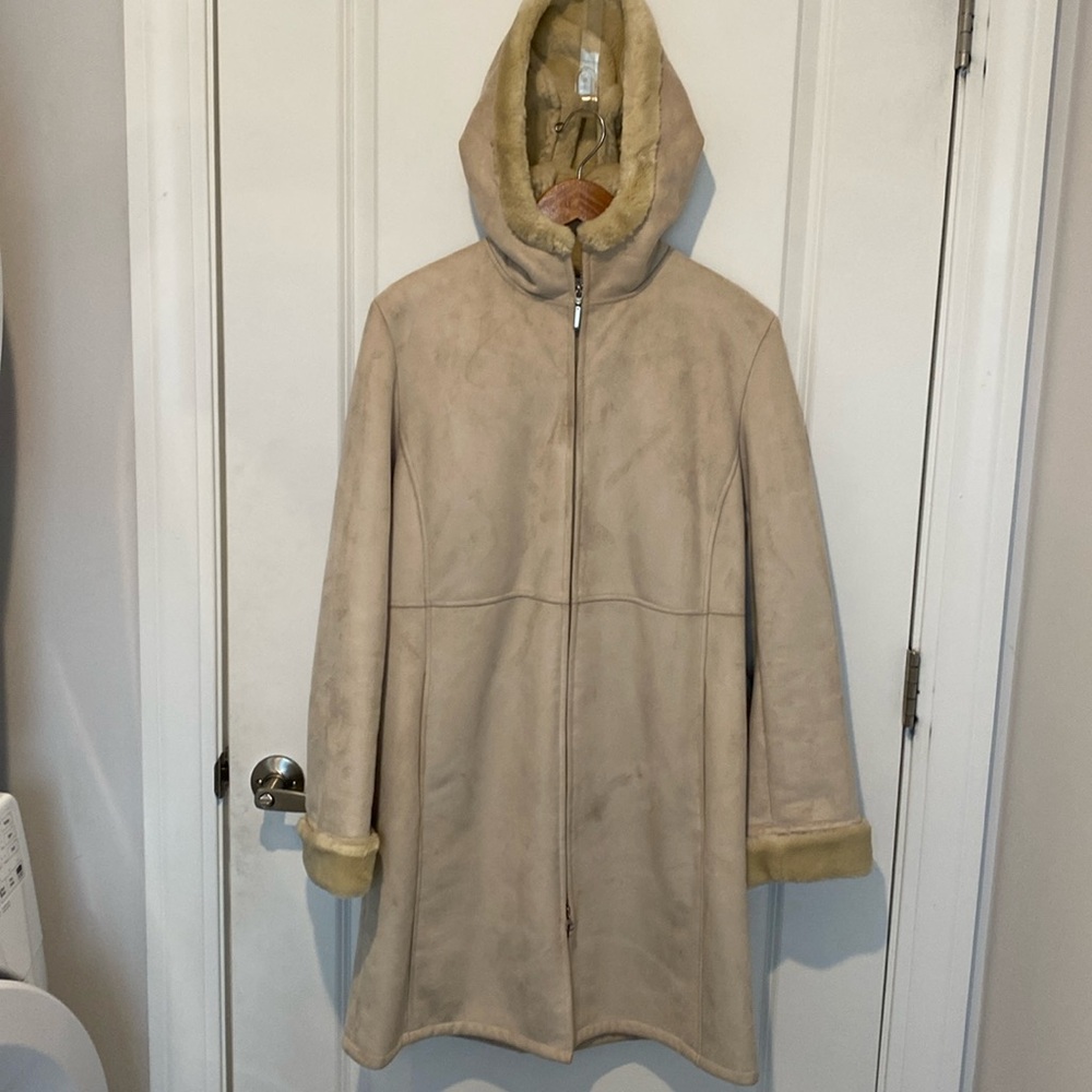Talbots Sand Color Suede, Acrylic Fur Lined Long Coat, Size Small